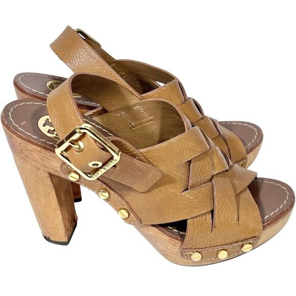 Tory Burch Shoes - Tory Burch Platform Heel Sandals 6.5 Jodie Brown Woven Leather Chunky Wooden